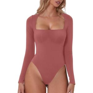 QINSEN Women’s Sexy Square Neck Bodysuit Long Sleeve Double Lined Shirt Tops(Merlot)