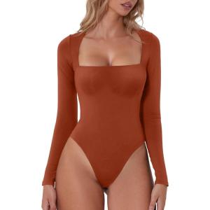 QINSEN Women’s Sexy Square Neck Bodysuit Long Sleeve Double Lined Shirt Tops(Picante)