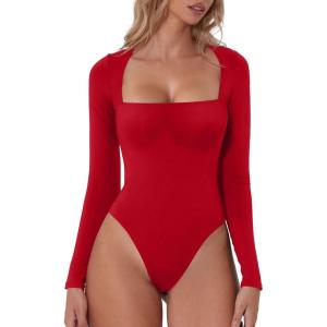 QINSEN Women’s Sexy Square Neck Bodysuit Long Sleeve Double Lined Shirt Tops(Red)