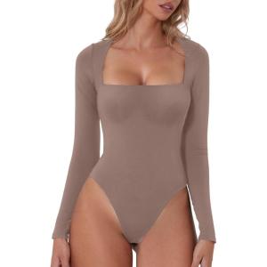 QINSEN Women’s Sexy Square Neck Bodysuit Long Sleeve Double Lined Shirt Tops(Rose Taupe)