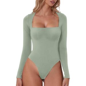 QINSEN Women’s Sexy Square Neck Bodysuit Long Sleeve Double Lined Shirt Tops(Smoke Green)