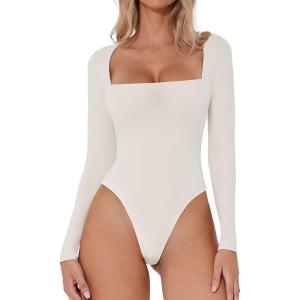 QINSEN Women’s Sexy Square Neck Bodysuit Long Sleeve Double Lined Shirt Tops(White)
