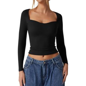 QINSEN Womens Slimming Fit Sweetheart Neck Long Sleeve Basic Crop Tops Stretch Going Out Tee Shirt(Black)