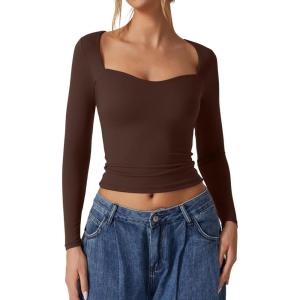 QINSEN Womens Slimming Fit Sweetheart Neck Long Sleeve Basic Crop Tops Stretch Going Out Tee Shirt(Chestnut)