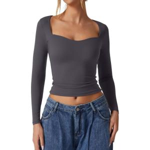 QINSEN Womens Slimming Fit Sweetheart Neck Long Sleeve Basic Crop Tops Stretch Going Out Tee Shirt(Dark Grey)