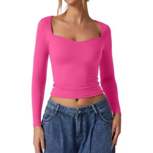 QINSEN Womens Slimming Fit Sweetheart Neck Long Sleeve Basic Crop Tops Stretch Going Out Tee Shirt(Hot Pink)