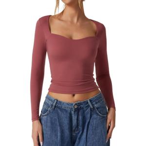 QINSEN Womens Slimming Fit Sweetheart Neck Long Sleeve Basic Crop Tops Stretch Going Out Tee Shirt(Marsala)