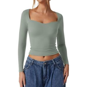 QINSEN Womens Slimming Fit Sweetheart Neck Long Sleeve Basic Crop Tops Stretch Going Out Tee Shirt(Mint Green)