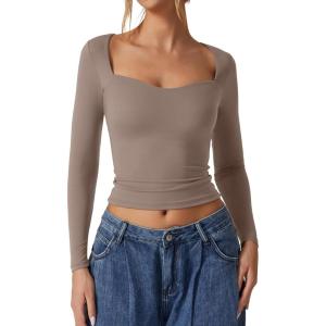 QINSEN Womens Slimming Fit Sweetheart Neck Long Sleeve Basic Crop Tops Stretch Going Out Tee Shirt(Mushroom)