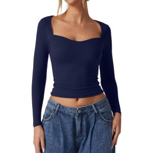 QINSEN Womens Slimming Fit Sweetheart Neck Long Sleeve Basic Crop Tops Stretch Going Out Tee Shirt(Navy)