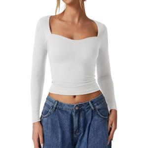 QINSEN Womens Slimming Fit Sweetheart Neck Long Sleeve Basic Crop Tops Stretch Going Out Tee Shirt(White)