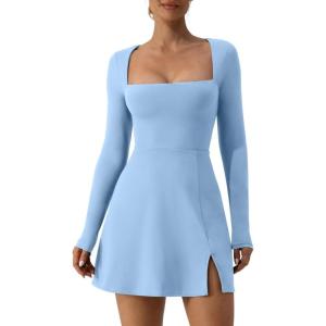 QINSEN Womens Square Neck Bodice Dress Long Sleeve Side Slit Flare Mini Dresses(Airy Blue)