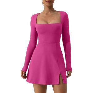 QINSEN Womens Square Neck Bodice Dress Long Sleeve Side Slit Flare Mini Dresses(Azalea)