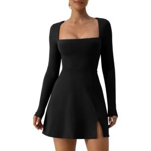 QINSEN Womens Square Neck Bodice Dress Long Sleeve Side Slit Flare Mini Dresses(Black)