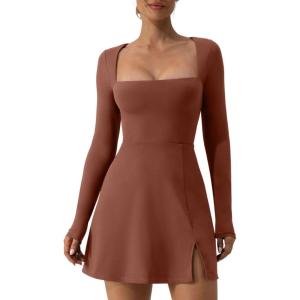 QINSEN Womens Square Neck Bodice Dress Long Sleeve Side Slit Flare Mini Dresses(Carob Brown)