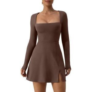 QINSEN Womens Square Neck Bodice Dress Long Sleeve Side Slit Flare Mini Dresses(Chestnut)
