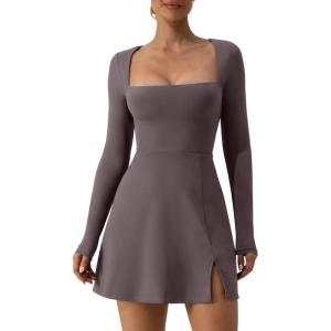 QINSEN Womens Square Neck Bodice Dress Long Sleeve Side Slit Flare Mini Dresses(Tea Leaf)