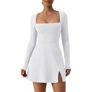 QINSEN Womens Square Neck Bodice Dress Long Sleeve Side Slit Flare Mini Dresses(White)
