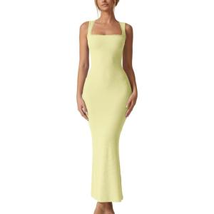 QINSEN Women’s Square Neck with Lace Detail Long Maxi Dress Sleeveless Lounge Ribbed Full Length Dresses(Lemon Yellow)