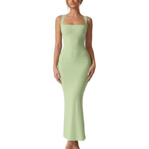 QINSEN Women’s Square Neck with Lace Detail Long Maxi Dress Sleeveless Lounge Ribbed Full Length Dresses(Light Green)