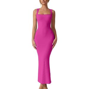 QINSEN Women’s Square Neck with Lace Detail Long Maxi Dress Sleeveless Lounge Ribbed Full Length Dresses(Magenta)