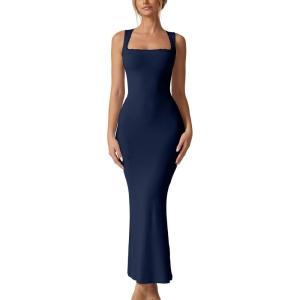 QINSEN Women’s Square Neck with Lace Detail Long Maxi Dress Sleeveless Lounge Ribbed Full Length Dresses(Navy)