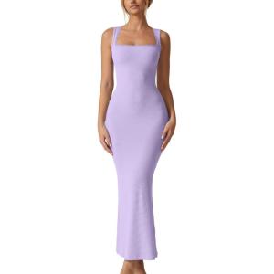 QINSEN Women’s Square Neck with Lace Detail Long Maxi Dress Sleeveless Lounge Ribbed Full Length Dresses(Purole)