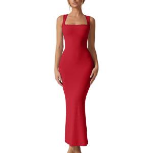 QINSEN Women’s Square Neck with Lace Detail Long Maxi Dress Sleeveless Lounge Ribbed Full Length Dresses(Red)
