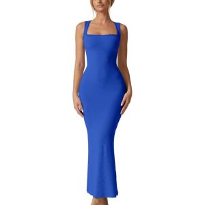 QINSEN Women’s Square Neck with Lace Detail Long Maxi Dress Sleeveless Lounge Ribbed Full Length Dresses(Star Sapphire)