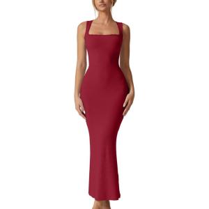 QINSEN Women’s Square Neck with Lace Detail Long Maxi Dress Sleeveless Lounge Ribbed Full Length Dresses(Wine)