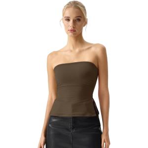 QINSEN Women’s Tube Top Double Lined Side Split Strapless Bandeau Top Ruched Summer Going Out Tank Tops(Brown)