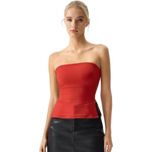 QINSEN Women’s Tube Top Double Lined Side Split Strapless Bandeau Top Ruched Summer Going Out Tank Tops(Red)