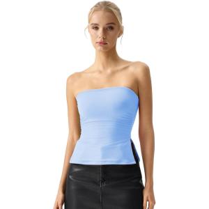 QINSEN Women’s Tube Top Double Lined Side Split Strapless Bandeau Top Ruched Summer Going Out Tank Tops(Sky Blue)