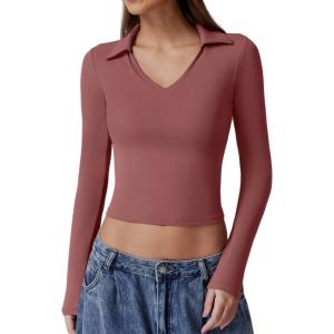 QINSEN Womens V Neck Polo Shirt Long Sleeve Double Lined Tees Basic Collared Fitted Going Out Tops(Merlot)