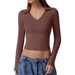 QINSEN Womens V Neck Polo Shirt Long Sleeve Double Lined Tees Basic Collared Fitted Going Out Tops(Mocha)