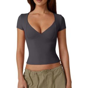 QINSEN Women’s V Neck Short Sleeve T Shirts Double Lined Tee Seamed Cup Going Out Tops(Dark Grey)
