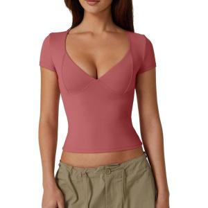 QINSEN Women’s V Neck Short Sleeve T Shirts Double Lined Tee Seamed Cup Going Out Tops(Merlot)