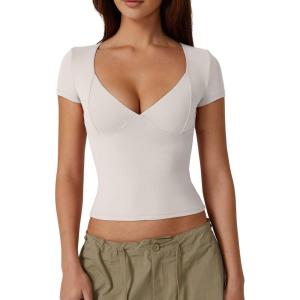 QINSEN Women’s V Neck Short Sleeve T Shirts Double Lined Tee Seamed Cup Going Out Tops(Splashed White)