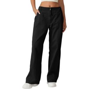 QINSEN Womens Zip Front Wide Leg Long Pants High Waist Causal Cargo Pants Cotton Pocket Palazzo Pants(Black)