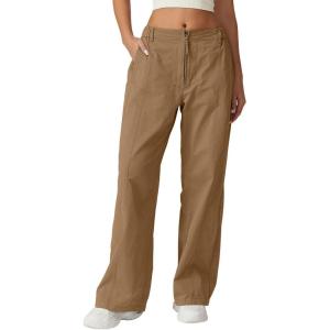 QINSEN Womens Zip Front Wide Leg Long Pants High Waist Causal Cargo Pants Cotton Pocket Palazzo Pants(Brown)