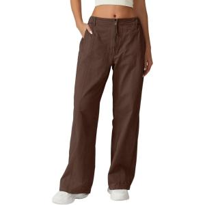 QINSEN Womens Zip Front Wide Leg Long Pants High Waist Causal Cargo Pants Cotton Pocket Palazzo Pants(Coffee Bean)