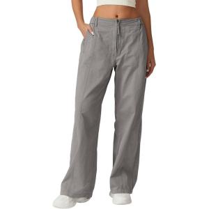 QINSEN Womens Zip Front Wide Leg Long Pants High Waist Causal Cargo Pants Cotton Pocket Palazzo Pants(Dark Grey)