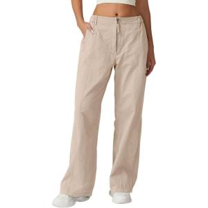 QINSEN Womens Zip Front Wide Leg Long Pants High Waist Causal Cargo Pants Cotton Pocket Palazzo Pants(Doeskin)