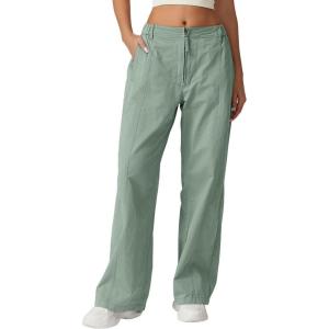QINSEN Womens Zip Front Wide Leg Long Pants High Waist Causal Cargo Pants Cotton Pocket Palazzo Pants(Iceberg Green)