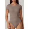 QINSEN Women’s Crew Neck Short Sleeve Bodysuit Double Lined Body Suits Basic T-shirt Tops(Rose Taupe)