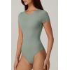 QINSEN Women’s Crew Neck Short Sleeve Bodysuit Double Lined Body Suits Basic T-shirt Tops(Smoke Green)