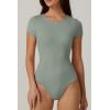 QINSEN Women’s Crew Neck Short Sleeve Bodysuit Double Lined Body Suits Basic T-shirt Tops(Smoke Green)