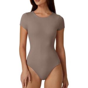 QINSEN Women’s Crew Neck Short Sleeve Bodysuit Double Lined Body Suits Basic T-shirt Tops(Rose Taupe)