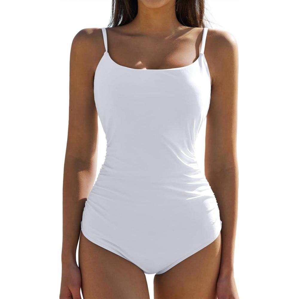 imageQINSEN Womens Square Neck One Piece Bathing Suit Tummy Control Swimsuit Lace Up Back High Waist MonokiniWhite