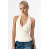 QINSEN Women’s Lace Halter Top V Neck Tie Back Double-Layer Tank Top Backless Sleeveless Slim Fit Going Out Shirts(Beige)